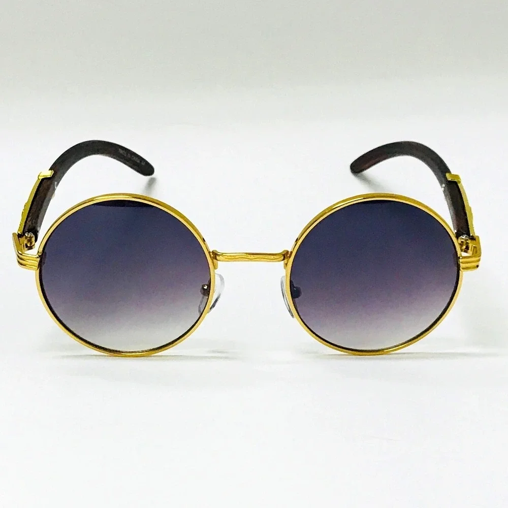 Round Sunglasses Gold Frame Wood Arms Men's Fashion Shades Bufs Migos Cholo Gang